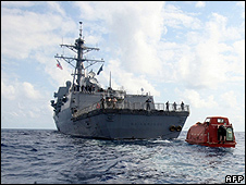 US destroyer USS Bainbridge towing lifeboat from Maersk Alabama, 13 Apr 09