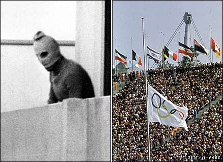 A Palestinian terrorist (left) and the flags at half-mast in the Munich Olympic Stadium following the massacre of 11 members of the Israeli team at the 1972 Games
