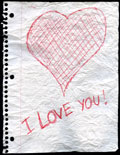 A love letter on a crumpled piece of paper, featuring a big red love-heart with I LOVE YOU scrawled underneath