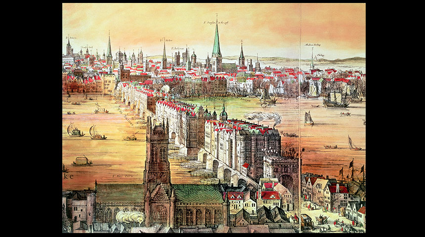 London Bridge in the 17th century. Engraving from Vischer's London