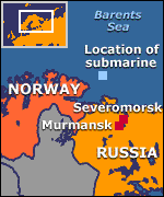 Místo, kde se ponorka v Barentsově moři nachází
