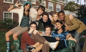 The cast of Greek: back L-R - Amber Stevens, Scott Michael Foster, Jake McDorman, Spencer Grammer, Paul James; front L-R - Clark Duke, Jacob Zachar, Dilshad Vadsaria