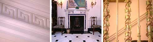 Moulded cornice, fireplace in a hallway, and banisters with an ivy design