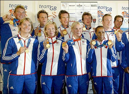 Some of Britain's medalists from the 2004 Athens Olympics display their haul