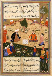 Portrait of Rumi, a white-bearded man wearing a Sufi turban