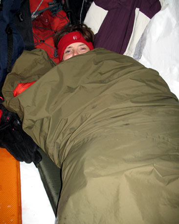 Helen wrapped up in bivi bag