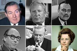 Politicians prominent in 1968, from top and clockwise: James Callaghan, Edward Heath, Enoch Powell, Barbara Castle, Harold Wilson and Roy Jenkins