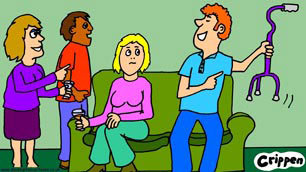 Crippen cartoon showing a man picking up and laughing at a disabled woman's mobility aid, whilst she looks mortified