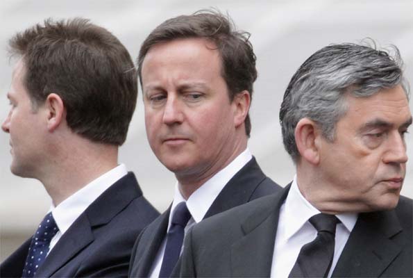 Nick Clegg, David Cameron and Gordon Brown on Saturday 8 May, 2010. Getty Images