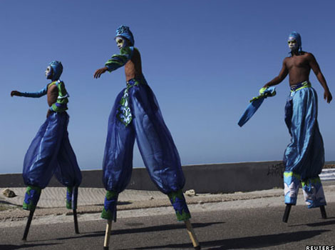 Men on stilts celebrating the Colombian city Cartagena’s independence.