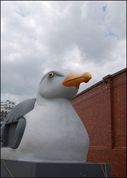 A trailer with a giant seagull on it