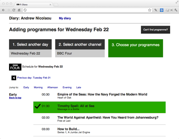 A screenshot of the diary application used in the FI-content study