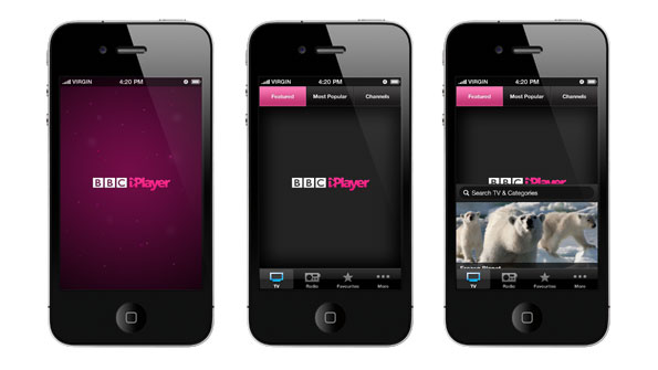 Three shots of the BBC iPlayer application on iPhone startup