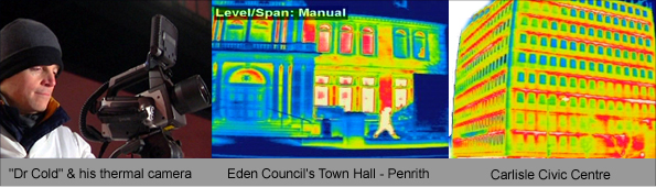 Dr Cold and his thermal camera and images of Penrith Town Hall and Carlisle Civic Centre showing lots of red signifying heat loss.