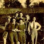 In the gardens of Rothesay House 1943. (Back row Left to Right) Margaret Reading, Edna Perkins, Joan Wier, Joan Salisbury, Esther Cohen (Front Row Left to Right) Margurita Watyer and Irene Croft