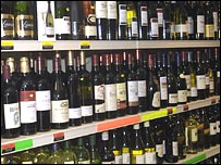 Wine bottles on shelves
