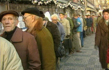 1989 before the fall of communism, people of Prague queue for food.