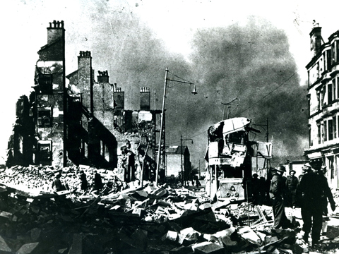 Black and white view of air raid destruction to Dumbarton Road in Dalmuir.