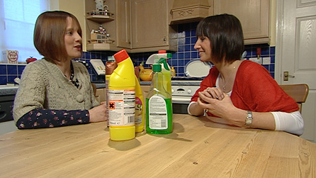 Lucy Owen with Glenda Batten and some of the cleaning products she uses