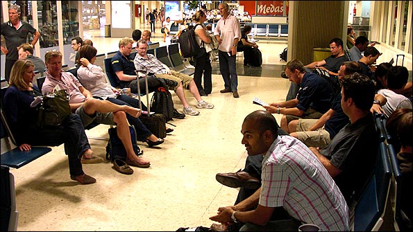 Just slightly jaded after a long weekend, the BBC F1 crew awaits their flight back to London
