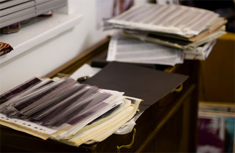 Negatives in Jon's studio in preparation for the exhibition which opens on 5 April