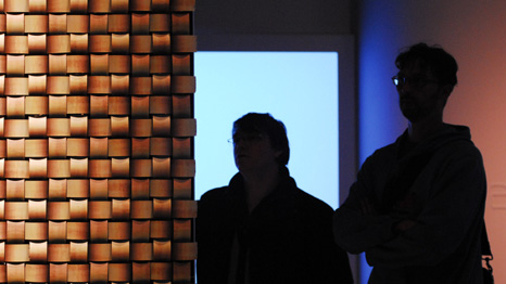 Visitors next to Weave Mirror by Daniel Rozin 