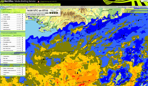 The Met Office's local rainfall radar indicates the extent of rainfall across Somerset, Deveon and Dorset through the afternoon of 7 October 2009