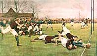 Colour illustration showing a game of rugby at the moment of a try