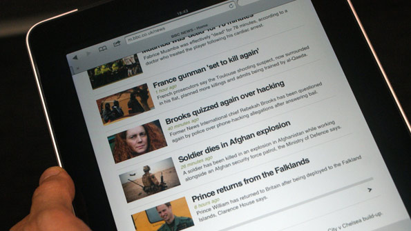 BBC News mobile index page on a tablet