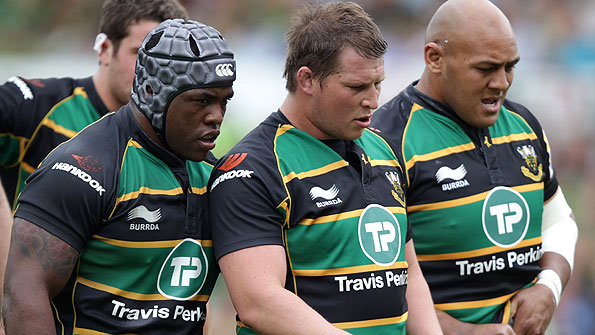 Northampton's front row - from left - of Brian Mujati, Dylan Hartley and Soane Tonga'uiha - pack down