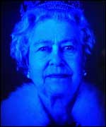 A photo of the Queen with a photoshop style to make it look slightly holographic