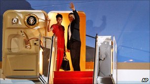 President Obama and Michelle Obama boarding their plane to Europe