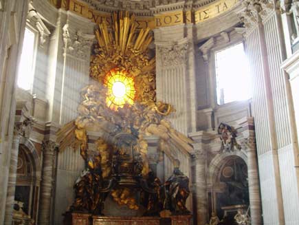 Inside Saint Peter's Basilica, an elaborate monument in bronze and surrounded by sculpture marks where Saint Peter used to sit