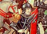 English soldiers fighting French soldiers during the Battle of Auray, 1346