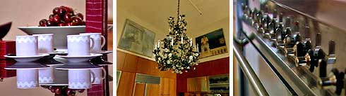 cups and cherries, chandelier and a modern cooker