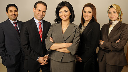 BBC Arabic's new presenters: (l-r) Tareq Naser, Makki Helal, Dima Izeddin, Malak Jafaar and Nouran Sallam