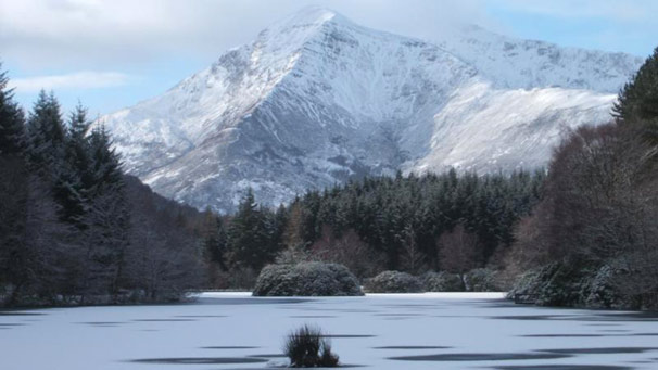 Frozen loch and mountain
