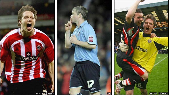 Sheffield United's Greg Halford, Grant McCann of Scunthorpe and Shrewsbury duo David Worrell and Luke Daniels