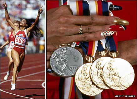 Florence Griffith Joyner wins the 100m at the Seoul 1988 Olympics