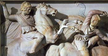 Detail of Alexander the Great, 356-323 BC, from Battle between Greeks and Persians, relief, from the Alexander Sarcophagus, late 4th century BC Hellenistic Greek, from Sidon, Libya