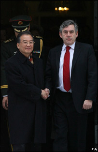 Chinese Premier Wen Jiabao shakes hands with Gordon Brown on the steps of 10 Downing Street - Johnny Green/PA