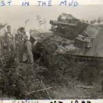 October 1944 — A slight mishap when Sergeant Arthur Ward’s ‘Sexton’ ran off the track and slipped into a ditch one dark night between Rimini and San Marino and became fast in the mud. Driver Westlake, L/Bombardier Davis and Gunner Holmes. It was carrying part of a Bailey bridge to be used by the Royal Engineers, a reel of wire for the Tannoy, spare water and kit.